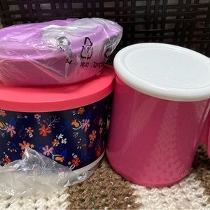 Tupperware New Trio Jumbo mug w cover, little wonders bowl, deep floral bowl cov